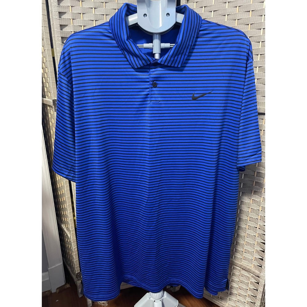 Nike Dri-FIT Mens XXL Blue Black Striped Short Sleeve Golf Polo Shirt